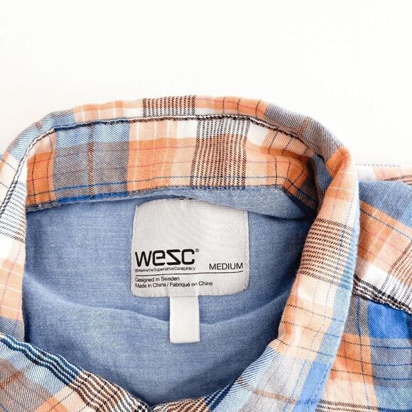 Wesc Mens Shirt Collared Short Sleeve Button Down Orange Blue Medium - Picture 3 of 7
